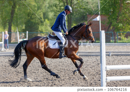Young horseback sportsman on his course in showjumping competition Young horseback sportsman on his course in showjumping competition 106764216
