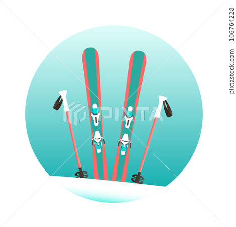Alpine skis and poles in the snow Alpine skis and poles in the snow 106764228
