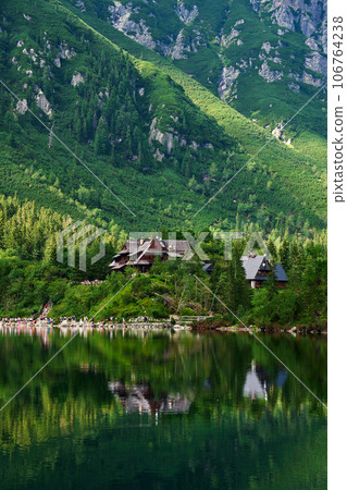 Spruce forest near blue lake in mountains. Tatra National Park in Poland. Panoramic view on Morskie Oko or Sea Eye lake in Five lakes valley. Nature landscape 106764238