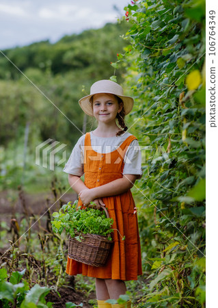 Portrait of a cute little girl in an autumn garden. Portrait of a cute little girl in an autumn garden. 106764349