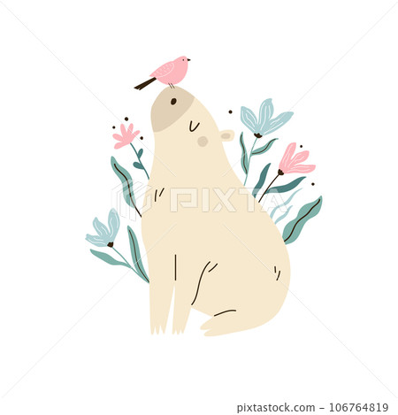 Funny capybara and a bird in a jungle forest. Vector illustration of cute rodent animal Funny capybara and a bird in a jungle forest. Vector illustration of cute rodent animal 106764819