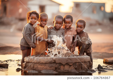 African children enjoy clean water and stretches out his hands to tank with fountain of clean water. African children enjoy clean water and stretches out his hands to tank with fountain of clean water. 106764867