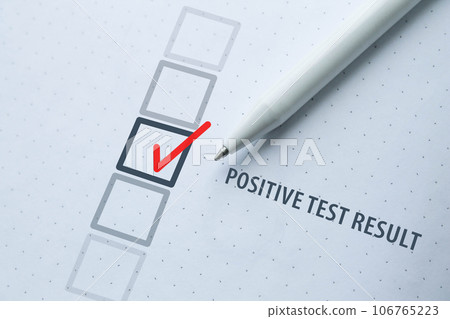Medical blood test for covid-19, positive test result. Test mark. Medical blood test for covid-19, positive test result. Test mark. 106765223