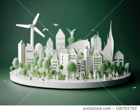 Green energy and sustainable concept, electric car and green city paper cut art. Generative AI 106765760