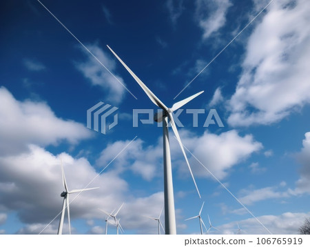 Wind turbines generating electricity with blue sky, energy conservation concept. Generative AI Wind turbines generating electricity with blue sky, energy conservation concept. Generative AI 106765919