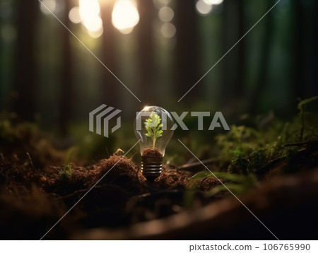 Tree growing on light bulb with sunshine in nature. saving energy and eco concept. Generative AI Tree growing on light bulb with sunshine in nature. saving energy and eco concept. Generative AI 106765990