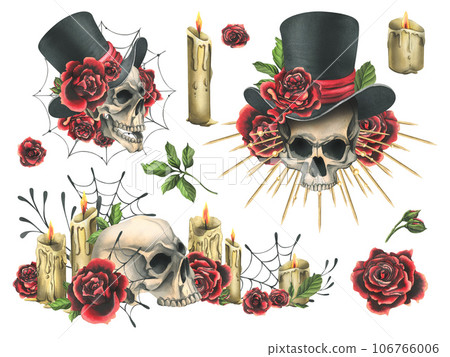 Human skull in a top hat with red roses, a golden crown with rays, candles. Hand drawn watercolor illustration for day of the dead, halloween, Dia de los muertos. Set elements on a white background Human skull in a top hat with red roses, a golden crown with rays, candles. Hand drawn watercolor illustration for day of the dead, halloween, Dia de los muertos. Set elements on a white background 106766006