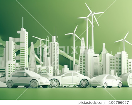 Green energy and sustainable concept, electric car and green city paper cut art. Generative AI 106766037