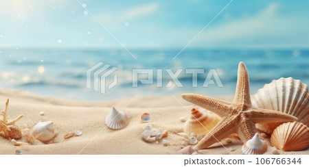 starfish on the sand against the backdrop of a wave. Generative AI 106766344