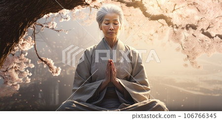 A gray-haired Asian woman in a kimono prays under flowering tree. Generative AI 106766345