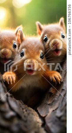 lot of funny baby squirrels in the autumn forest. Animal world. Generative AI 106766356