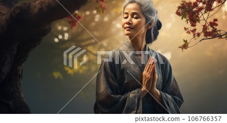 A gray-haired Asian woman in a kimono prays. Generative AI 106766357
