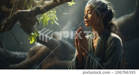 Asian woman wearing kimono, prayer in shrine. Japanese traditional clothes. Generative AI 106766395