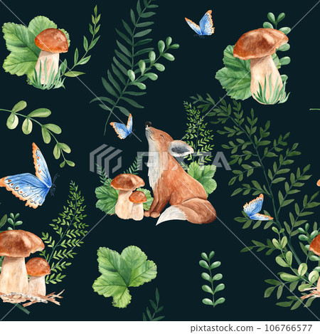 Seamless pattern with cute baby fox, mushrooms, green plants and butterfly on black background. Watercolor hand drawn illustration on white background. Ideal for kids wallpaper, wrapping paper, fabric 106766577