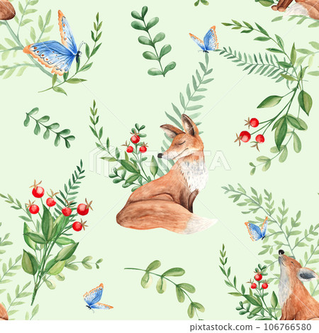 Seamless watercolor pattern with mother and baby fox, green leaves and red berries, fern, branches, blue butterfly on green background. Botanical summer hand drawn illustration. Can be used for gift 106766580
