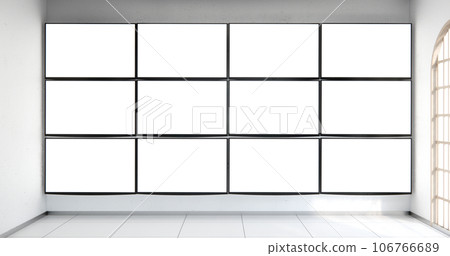 white monitor on wall Empty room, Clean minimalist room interior. white monitor on wall Empty room, Clean minimalist room interior. 106766689
