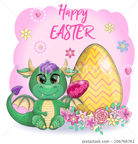Cute cartoon green baby dragon with an easter egg. Symbol of 2024 according to the Chinese calendar 106766761