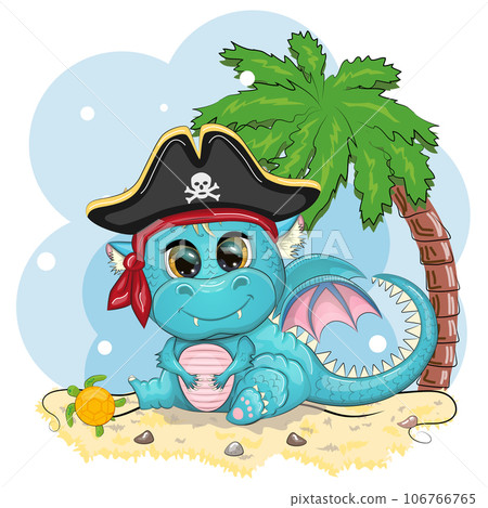 Cute cartoon green dragon pirate in a cocked hat. Symbol of 2024 according to the Chinese calendar. 106766765