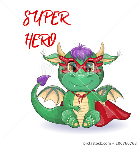 Cute cartoon green baby dragon in a red cape, super hero savior. Symbol of 2024 according to the Chinese calendar. Cute cartoon green baby dragon in a red cape, super hero savior. Symbol of 2024 according to the Chinese calendar. 106766768