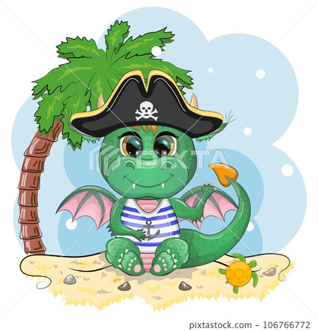Cute cartoon green dragon pirate in a cocked hat. Symbol of 2024 according to the Chinese calendar. Cute cartoon green dragon pirate in a cocked hat. Symbol of 2024 according to the Chinese calendar. 106766772