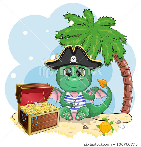 Cute cartoon green dragon pirate in a cocked hat. Symbol of 2024 according to the Chinese calendar. Cute cartoon green dragon pirate in a cocked hat. Symbol of 2024 according to the Chinese calendar. 106766773