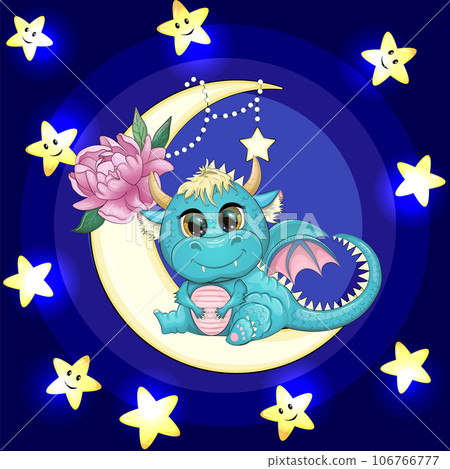 A cute cartoon green dragon sits on the moon. Animal on a dark blue background with clouds and stars. Year 2024 Chinese calendar A cute cartoon green dragon sits on the moon. Animal on a dark blue background with clouds and stars. Year 2024 Chinese calendar 106766777