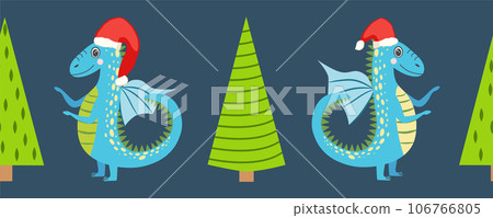 Seamless pattern with cute dragons Christmas design. Chinese New Year background with dragons for 2024 Seamless pattern with cute dragons Christmas design. Chinese New Year background with dragons for 2024 106766805