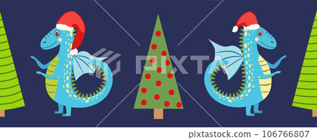Seamless pattern with cute dragons Christmas design. Chinese New Year background with dragons for 2024 106766807