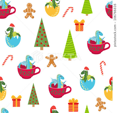 Seamless pattern with cute dragons Christmas design. Chinese New Year background with dragons for 2024 Seamless pattern with cute dragons Christmas design. Chinese New Year background with dragons for 2024 106766816