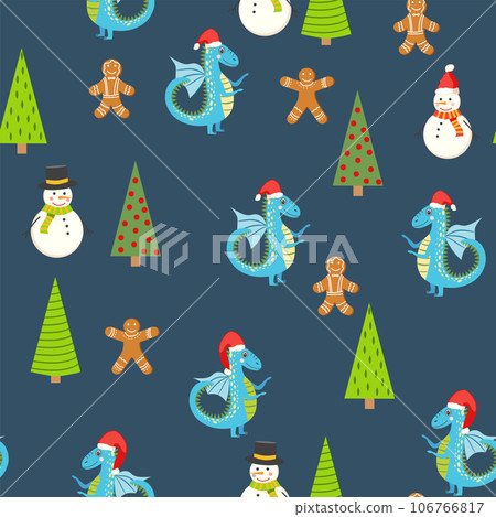 Seamless pattern with cute dragons Christmas design. Chinese New Year background with dragons for 2024 106766817
