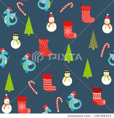 Seamless pattern with cute dragons Christmas design. Chinese New Year background with dragons for 2024 Seamless pattern with cute dragons Christmas design. Chinese New Year background with dragons for 2024 106766824