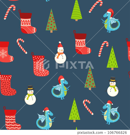 Seamless pattern with cute dragons Christmas design. Chinese New Year background with dragons for 2024 Seamless pattern with cute dragons Christmas design. Chinese New Year background with dragons for 2024 106766826