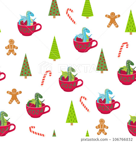 Seamless pattern with cute dragons Christmas design. Chinese New Year background with dragons for 2024 Seamless pattern with cute dragons Christmas design. Chinese New Year background with dragons for 2024 106766832