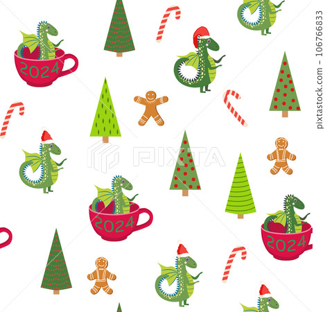 Seamless pattern with cute dragons Christmas design. Chinese New Year background with dragons for 2024 Seamless pattern with cute dragons Christmas design. Chinese New Year background with dragons for 2024 106766833