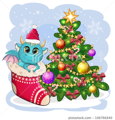 A cute cartoon green dragon in a Santa hat holds a red gift and sits next to the Christmas tree. 2024 new year 106766840