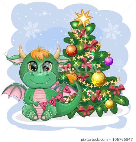 A cute cartoon green dragon in a Santa hat holds a red gift and sits next to the Christmas tree. 2024 new year 106766847