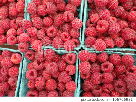 Rashberries in blue boxes Rashberries in blue boxes 106766981