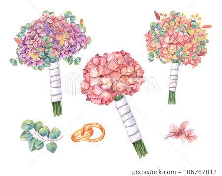 Set of bridal bouquets of hydrangea, eucalyptus, lagurus with white satin ribbon and gold wedding rings. Floral boutonniere. Trendy colors. For wedding stationary, invitation Set of bridal bouquets of hydrangea, eucalyptus, lagurus with white satin ribbon and gold wedding rings. Floral boutonniere. Trendy colors. For wedding stationary, invitation 106767012