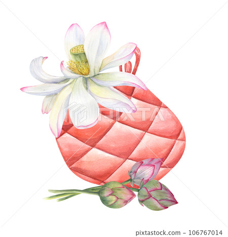 Watercolor composition of handbag with graceful lotus. Delicate blooming Water Lily. Illustration for your design. Party concept. Female fashion. Leather bag for parties, weddings, visits 106767014