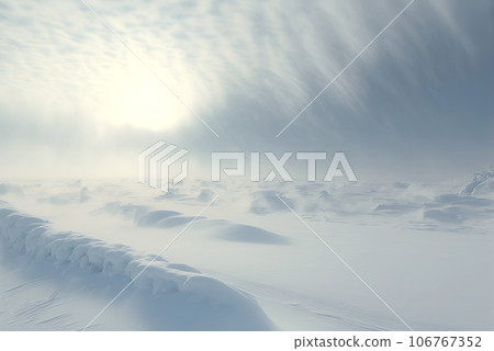 Snow dunes panorama during blizzard. White and empty frozen scenic imaginary landscape. Generative AI 106767352