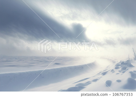 Snow dunes panorama during blizzard. White and empty frozen scenic imaginary landscape. Generative AI Snow dunes panorama during blizzard. White and empty frozen scenic imaginary landscape. Generative AI 106767353