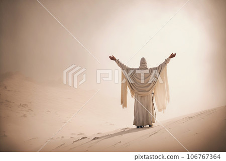 Man in coat stand in a desert sands during the storm, raising hands in praying gesture. Dusty mist. Generative AI 106767364