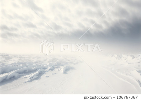 Snow dunes panorama during blizzard. White and empty frozen scenic imaginary landscape. Generative AI Snow dunes panorama during blizzard. White and empty frozen scenic imaginary landscape. Generative AI 106767367