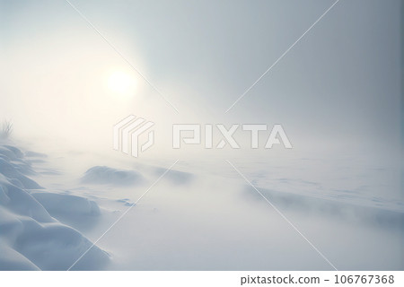 Snow dunes panorama during blizzard. White and empty frozen scenic imaginary landscape. Generative AI Snow dunes panorama during blizzard. White and empty frozen scenic imaginary landscape. Generative AI 106767368