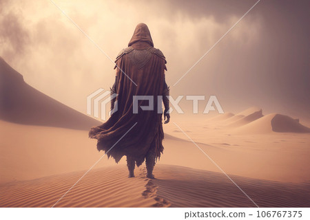 Man in coat stand in a desert sands during the storm. Sand in a air, dusty mist. Generative AI 106767375
