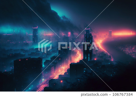 Skyline of cyberpunk neon city at night. Fog and glowing lights. Generative AI 106767384