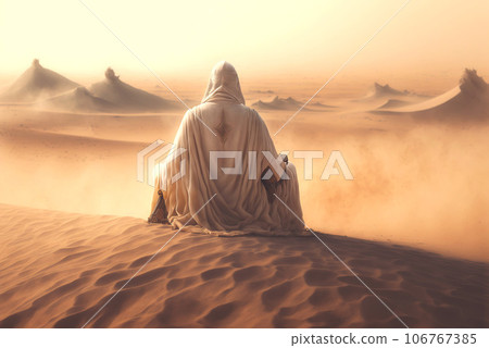Man in white coat sit and pray in a desert sands during the storm. Sand in a air, dusty mist. Generative AI 106767385