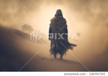 Man in coat stand in a desert sands during the storm. Sand in a air, dusty mist. Generative AI 106767391