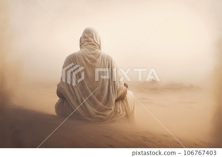 Man in white coat sit and pray in a desert sands during the storm. Sand in a air, dusty mist. Generative AI 106767403