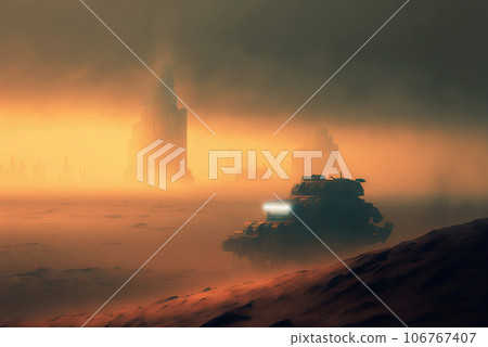 Futuristic cyberpunk city in desert dunes. Postapocalyptic megapolis in sand dunes. Generative AI. 106767407